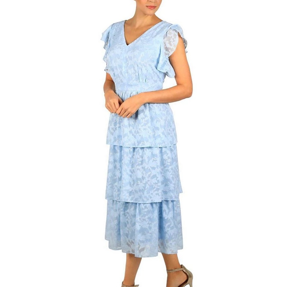 Julia Jordan Clip Foil Chiffon V-Neck Flutter Sleeve Tiered Midi Dress